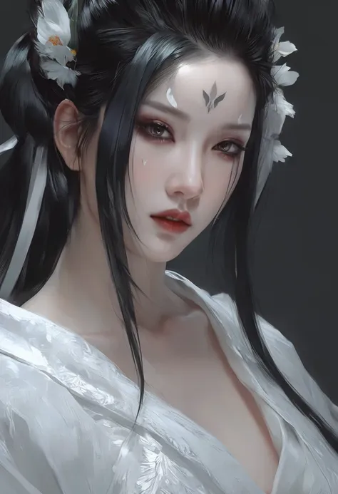 a woman with black hair and white skin,close-up of face， artwork in the style of gu weiss, gu weiss, wlop's style, ross tran 和 w...