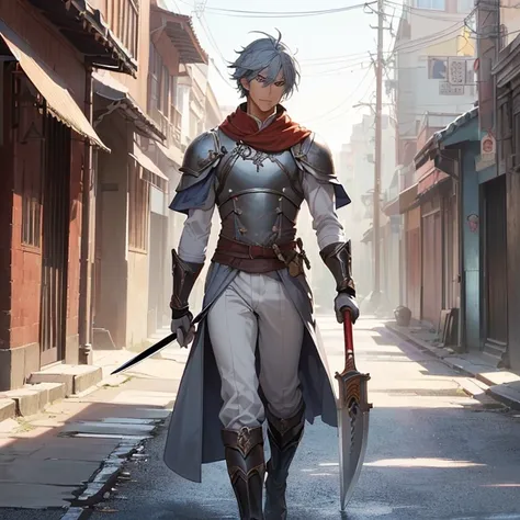 Masterpiece, High Resolution, Anatomically Correct, Best Quality, HD, High Details, High Quality, Anime Style, High Fantasy, solo character alone, back view.
{{(:(A 34-years-old swordsman),(very short greyish-blue hair, tanned skin, beautiful brown eyes wi...