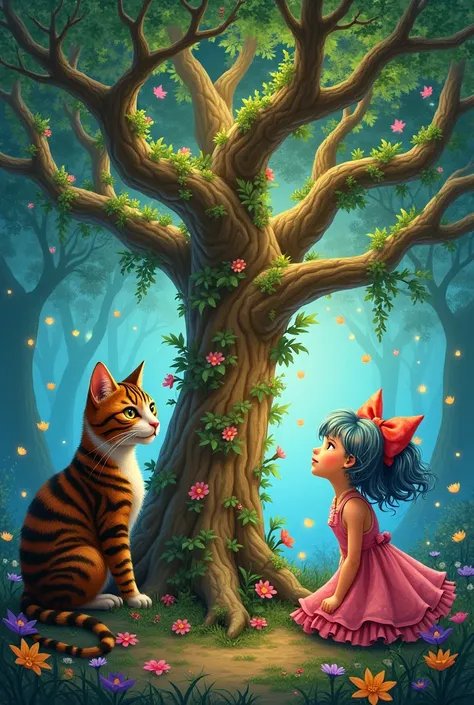 Colorful brown tabby cat、Sogen、colorful hair girl、Tree of Life、Playing together