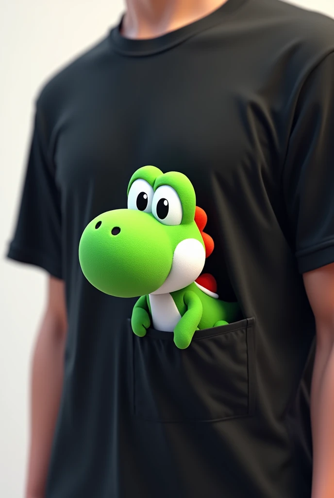 An animated Yoshi doll tucked into a small pocket of a black t-shirt in 4K resolution with a transparent background.