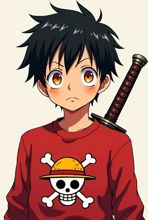 Black haired boy wearing a red sweatshirt with the One Piece logo and orange eyes in anime style with a sword on his back 
