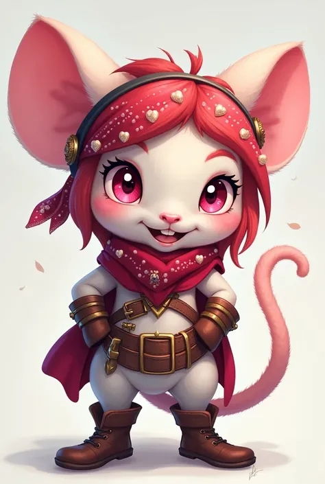 pantegan rpg character rogue class, white fur rat, pink eyes, cute teeth, red hair with jewelry in her hair and a bandana on her head with cute boots