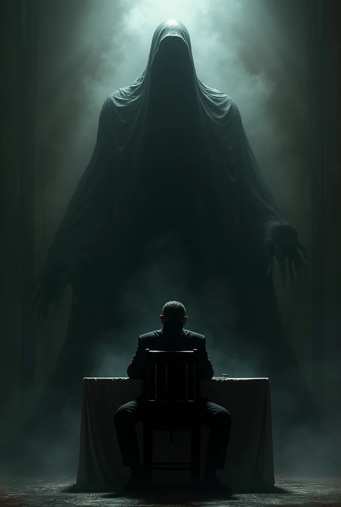 In a darkness and faceless man is sitting on a table facing towards camera and there is terrible shadow behind him which is spread over his head