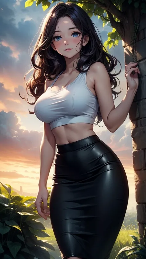 (((((masterpiece, best quality, high detail))))), beautiful woman, bright blue eyes, full-face blush, smile, solo focus, (large breasts), long ((wavy hair)), (dark purple hair), (white tank top crop top), (black) maxi pencil (((((skirt))))), (((long skirt)...