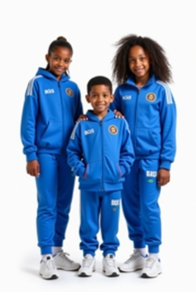 Create an image of 3 age 12 students wearing blue track suit.
Make the track suit with 1 white stripe not 3.
Make the boy hair cut clean.
Let them wear a white sport shoe
Make the background white 
Let the students be Ethiopians
Make it 2 girls and 1 boy
W...