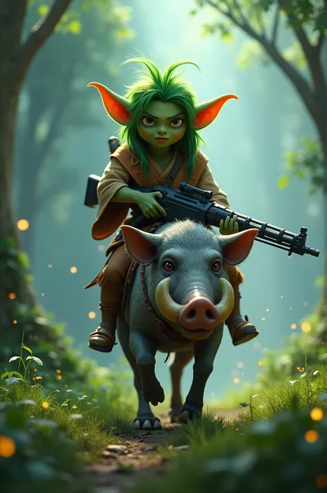 an aggressive green haired indigenous yoda animation, dressed as an Indian, elf ears and riding a Brazilian wild pig with tusks wandering through a misty enchanted forest with light grass and fireflies carry a machine gun rifle