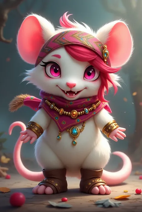 pantegan rpg character rogue class, white fur rat, pink eyes, cute teeth, red hair with jewelry in her hair and a bandana on her head with boots 
