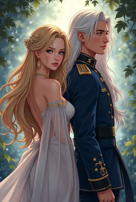 Wattpad Cover Dedicated to Novel by Impossibly Beautiful Young Femme Fatale, Incredibly beautiful blonde, Princess of Venus and General of the Earth Army, At all, Beautiful, stately, masculine mature man with long straight platinum hair. anime style

