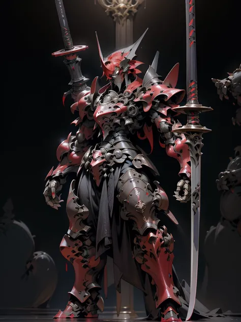 arafed knight standing in a dark room with a sword, burnt armor, black fire color reflected armor, steampunk bioarmor, redwood forest themed armor, demonic dragon inspired armor, corrupted armor, gothic armor, black and reddish color armor, cyberpunk flame...