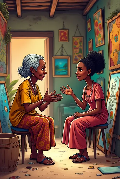 An  village black African  drawing and painting works  showing all over the room. An old woman is giving her an advise.cartoon illustration