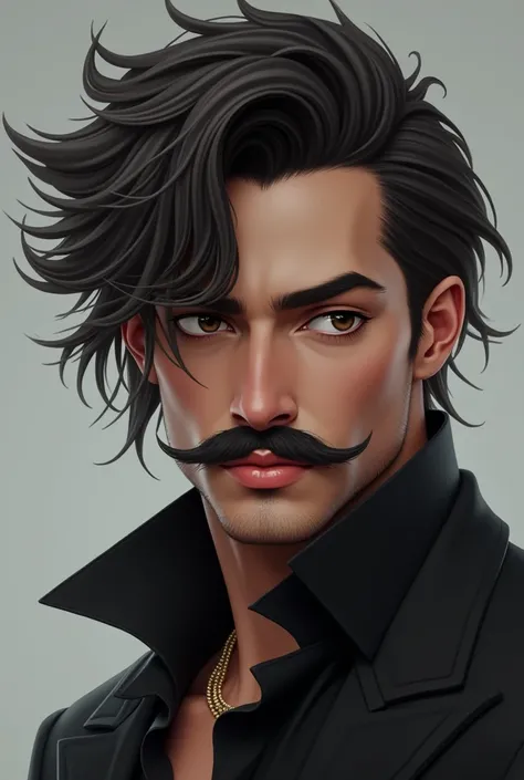 A very very very very very handsome and beautiful man with  a moustache and long wolf cut hairstyle 