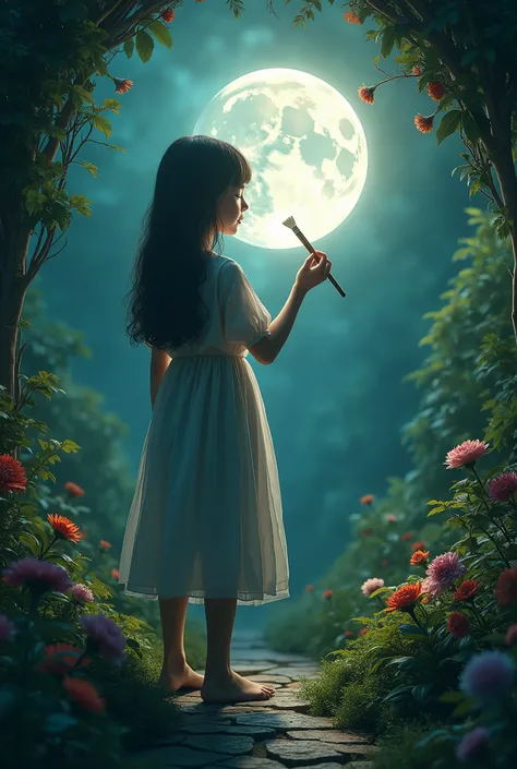 A mysterious girl in a moonlit garden, cleaning the surface of the moon with a magical brush, (best quality,4k,8k,highres,masterpiece:1.2),ultra-detailed,(realistic,photorealistic,photo-realistic:1.37),intricate details,magical realism,ethereal lighting,gl...