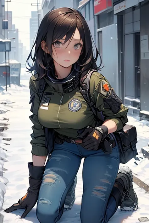 realisitic, full body shot shot, fot, Tom Clancys The Division, military woman, short dark brown hair, military mercenary outfit in urban camouflage colors consisting of black denim combat pants and t-shirt and camouflage winter jacket and an arafat around...