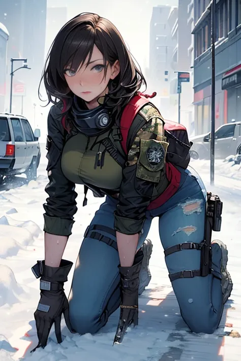 realisitic, full body shot shot, fot, tom clancy's the division, military woman, short dark brown hair, military mercenary outfi...