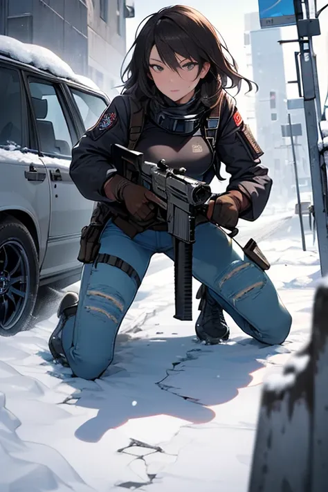 realisitic, full body shot shot, fot, tom clancy's the division, military woman, short dark brown hair, military mercenary outfi...