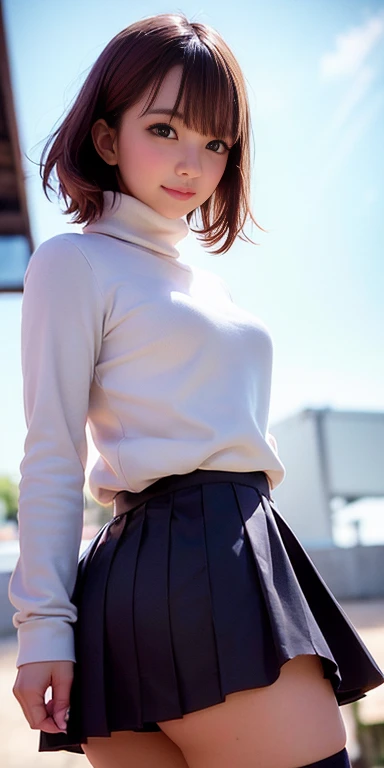 (From below:1.2)、One Girl、blush、Embarrassed look、Perfect Anatomy、Short Bob、Small breasts、(((turtleneck、skirt、Black knee socks)))、((Hair tousled by the wind、Messy Hair、Broken hairstyle))、(((風でskirtがめくれる:1.3、White panties、Cute ass)))、Pay attention to the but...