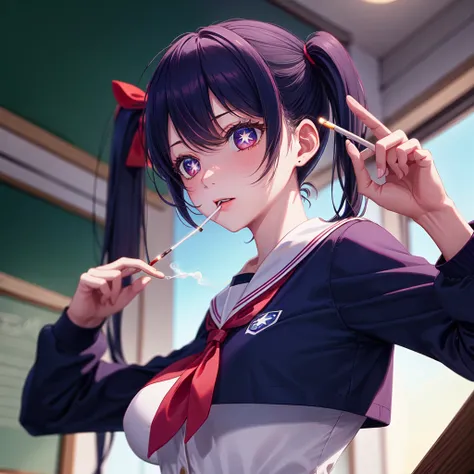 1 girl, alone, high quality, slender, big tits, large breasts, pigtails, angle from below, classroom, BREAK Sparkling_eye, Star-shaped pupils, +_+, (light a cigarette with a zippo), school uniform, sailor suit, upper body
