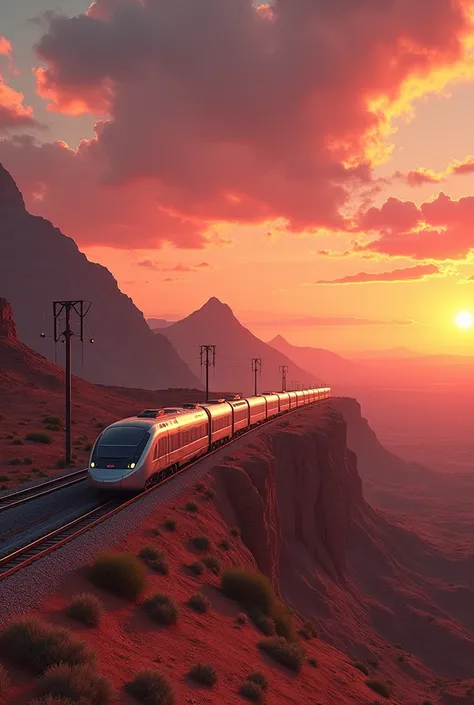 Create a more realistic depiction of trains travelling through the hilly terrain of a vast, low-fi desert, sunset,Electric pole Dim light around, Beautiful cloudy sky, Vivid colors,Crimson Sunset Masterpiece, Peaceful landscape