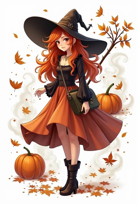 Create a drawing with a completely white background, but adorned with various elements such as pumpkins, dry leaves and mists. En el centro de la imagen, highlight a young and attractive witch, with voluminous, standing red hair, visible in full body. she ...