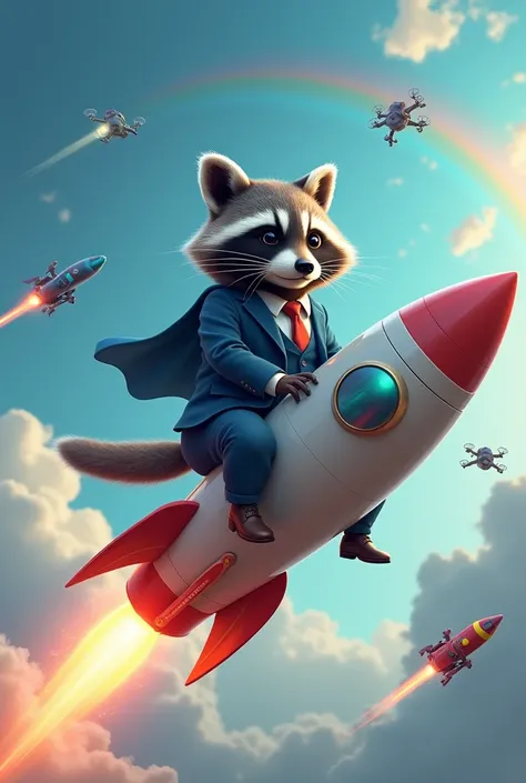 A big confident grey raccoon in a classic blue suit and tie rides a rocket in the sky , There are many drones and flying colorful robots around him. The sky shimmers with different shades of blue , You can also see a rainbow after the rain.