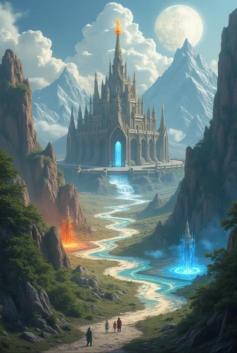 Seven kingdoms, one of fire, ice, air, earth, water, sun and moon, of elves. Just make the kingdoms, a realistic image, of them together