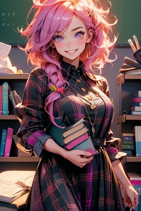 Perfect face. Perfect hands. A pink haired woman with violet eyes and an hourglass figure in a plaid dress is carrying a stack of books into a classroom a big smile