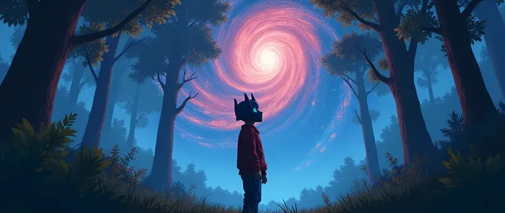 masked boy, half human and half optmus prime, in a forest, looking at a galaxy with blue and red tones, 4K, Resolution 1920x1080, animation