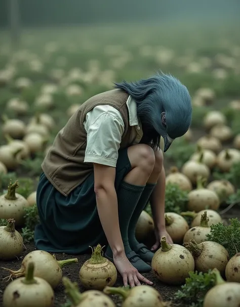 ((Highest quality)), ((masterpiece)), (photograph), ((Rotten turnip)), ((Off-white short-sleeved collared shirt)), (On my knees in despair), (knee-length black skirt:1.2), グレーの女性のハトがOff-white short-sleeved collared shirtに薄茶色のベストを着てknee-length black skirtに濃...