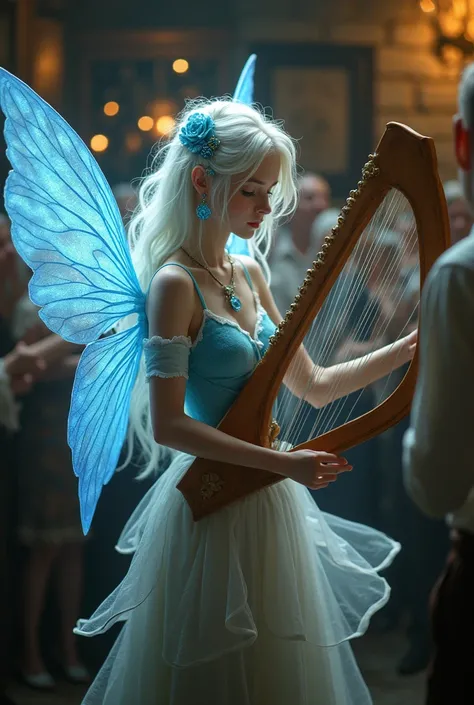 Beautiful albino fairy singing in medival tavern, wearing blue top and old-fashioned light shirt skirt, having shimmering pale skin and blue wings while doing performance on magic harp imitating energy, she has a lot of accessories in her ears and on her n...