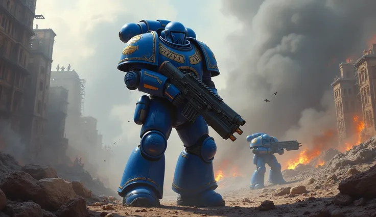 (photorealism:1.2), In the Warhammer 40000 universe, an ultramarine stands in the midst of battle, in a grim dark future, smoke and ash all around, crumbling structures, chaos.