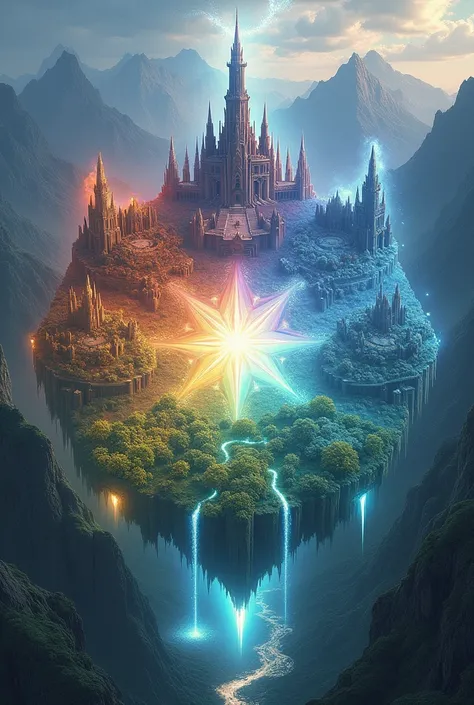 Seven kingdoms, a kingdom of fire, a kingdom of ice, a kingdom of air, a kingdom of earth, a kingdom of water, a kingdom of the sun and a kingdom of the moon, of elves. Just make the kingdoms a realistic image of them together, dont make people