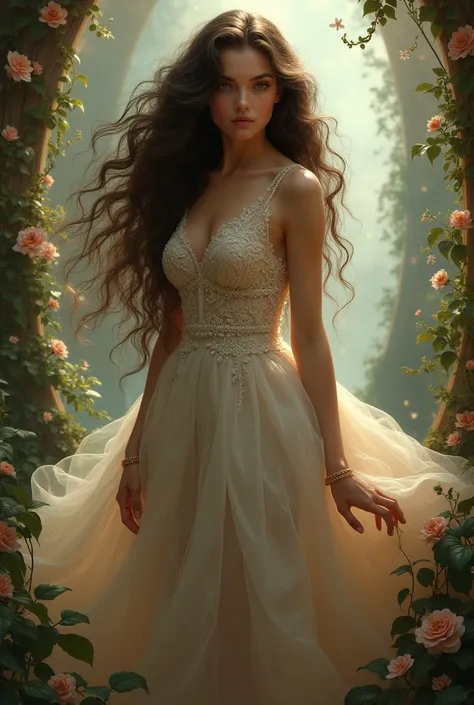 Incredibly beautiful girl in a sexy pose with long lush curly hair in a light airy full-length dress in a fantasy style, rich background