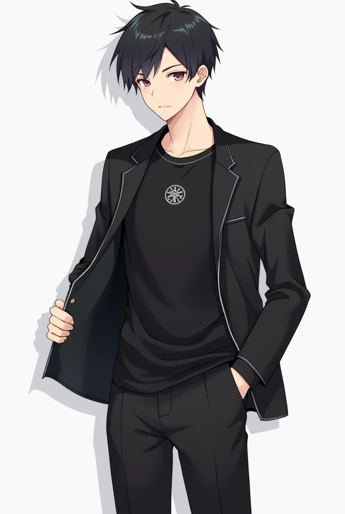 Black uniform for boys with pants that are not black jeans and a black short-sleeved T-shirt with the circular logo of the institute or school and a black long-sleeved jacket with a zipper that is uncovered so that the T-shirt can be seen.., Uniform sketch...