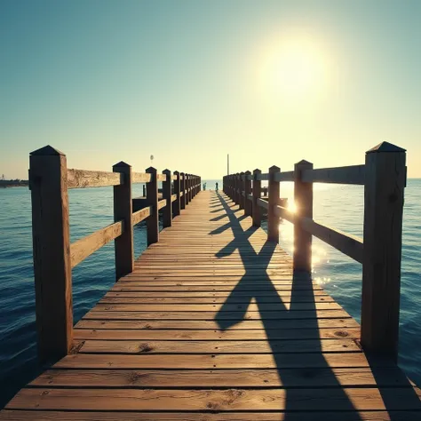 (Summer Pier), On a clear summer afternoon, the sunlight shines directly on the wooden dock, creating a strong contrast of light and shadow. The colors are mainly bright wood and navy blue, and the light and shadow are mainly direct sunlight. The details a...