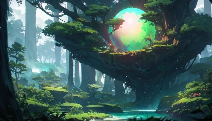 A glowing orb floating in a lush forest　 High resolution, 8k