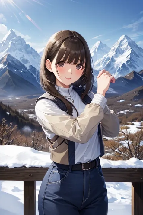 anegasaki nene、Shiny brown hair, short hair, (Beautiful brown eyes、Sparkling eyes, Fine grain)、smile、Ultra-detailed eyes、Highly detailed face, Highly detailed eyes,Cowboy Shot、



Highest quality, masterpiece, Highly detailed background, Majestic Mountain々...