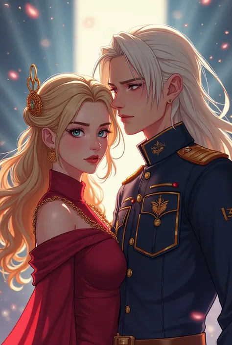 Wattpad Cover Dedicated to Novel by Incredibly Beautiful Young Femme Fatale, Incredibly beautiful blonde, Princess of Venus and General of the Earth Army, At all, Beautiful, stately, masculine mature man with long straight platinum hair. anime style

