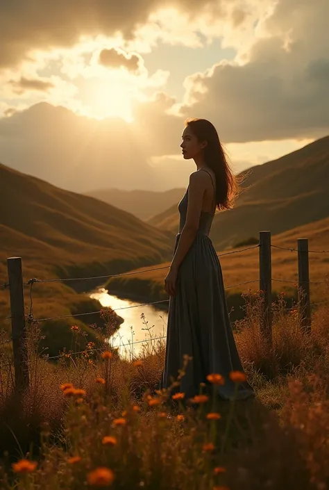 a photo，warm color，Canon camera style，Early autumn in the suburbs，hillside，Creek，Surging Clouds，Light wooden fence，Wildflowers，Tall girl in long skirt，Side shot，silhouette