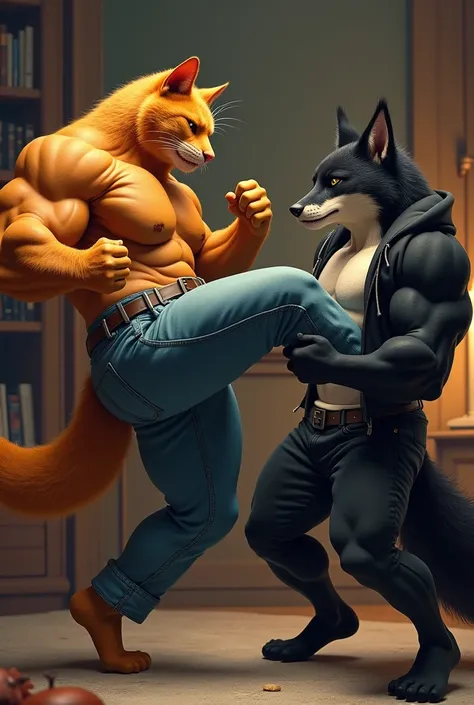 In a den A orange body builder cat in human body wearing a blue jeans with a big belt around his waist flying with both legs in air with a hard kick on the chest of a black body builder fox in human body wearing a black jeans falling back with pain on his ...