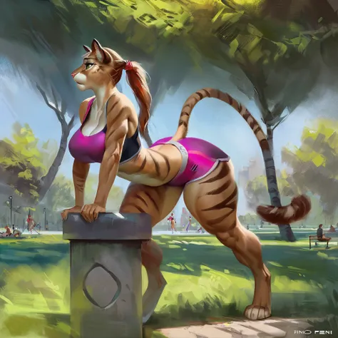 Female puma, solo, masterpiece, best art, digitigrade, by pino daeni, shorts, detailed hands, detailed eyes, detailed torso, standing, park, tired expression, muscular, abs, sports bra, ponytail hair, stripes, hrothgar(araffe with large ass)(from behind:1....