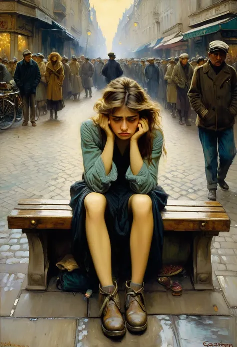 rait painting of an extremely depressed young woman sitting on a bench in the middle of a busy street, she is worried by the cam...