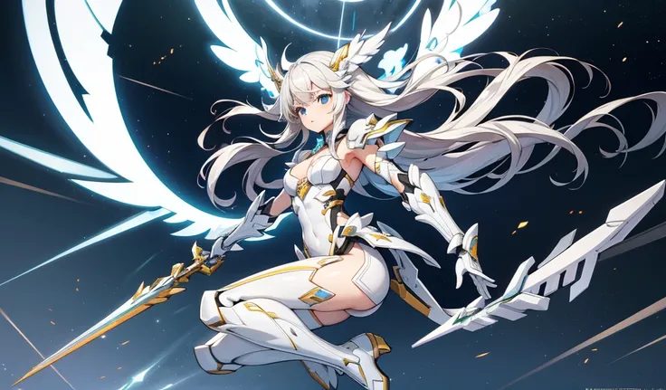 White long hair girl，flat chest，cleavage，White tights，white sci-fi armor，Mechanical wings，Bare Legs，mechanical boots，spear，Sky，Baiyun，High resolution, 