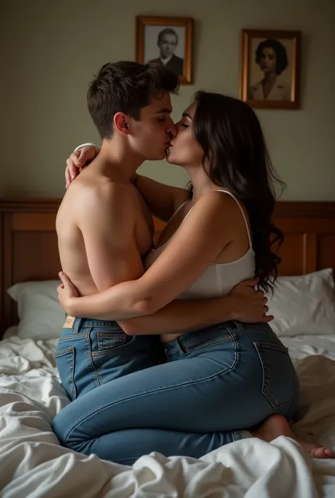 Teenage boy kissing on the lips with a big ass woman in tight jeans in bed 