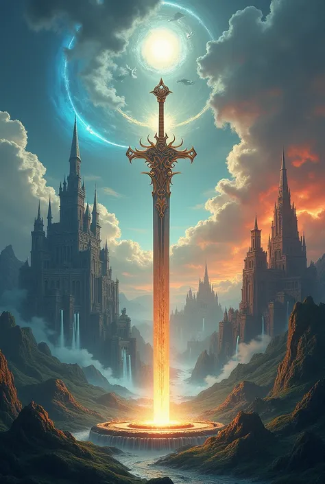 Seven kingdoms, a kingdom of fire, a kingdom of ice, a kingdom of air, a kingdom of earth, a kingdom of water, a kingdom of the sun and a kingdom of the moon, of elves. Just make the kingdoms a realistic image of them together, dont make people, do somethi...