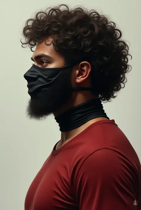 A somewhat fat man looking to the side, all serious, with a black face mask on and curly hair, with a red shirt looking to the side in profile 