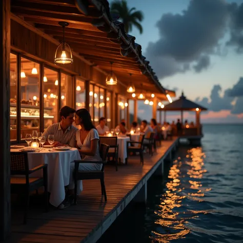 (Summer Pier), In the restaurant on the dock, couples enjoy a romantic dinner surrounded by warm lights and gentle sea breeze. The color scheme focuses on the warm tones of the restaurant and the romantic atmosphere of the dock, while the light and shadow ...