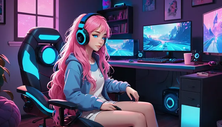 A vibrant, cozy lofi scene featuring a young girl with long, wavy pink hair, sitting in a stylish gamer chair. Her striking blue eyes glow with focus as she plays a video game on her sleek computer setup. The room is softly lit with neon lights and LED str...