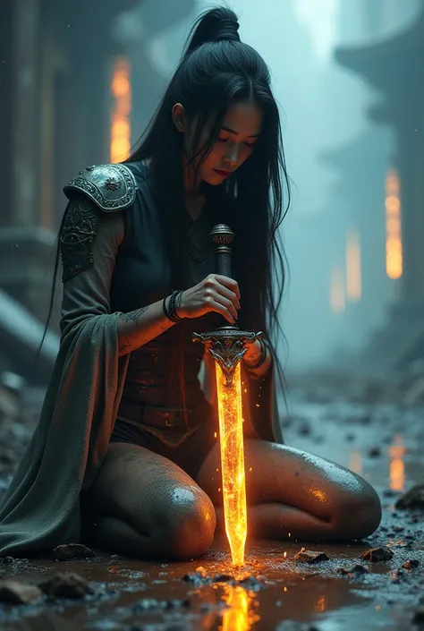 (looking at viewer, close up), digital art ilustration, depth of field, cinematic light, chiarosaurio, mist, particles, sparks,reflections, a female (Chinese, beautiful, sexy, long straight hair), ((With one knee on the ground, the sword stuck in the groun...