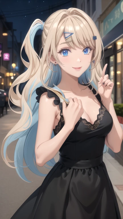 (masterpiece, Best Quality), ShirakawaRuna, 1 girl, multicolor fur, hits, night town, by the wide, blue eyes, Hair clip, jewelry, earrings, medium breasts, black evening gown, smile, blush, looking at the viewer  , night