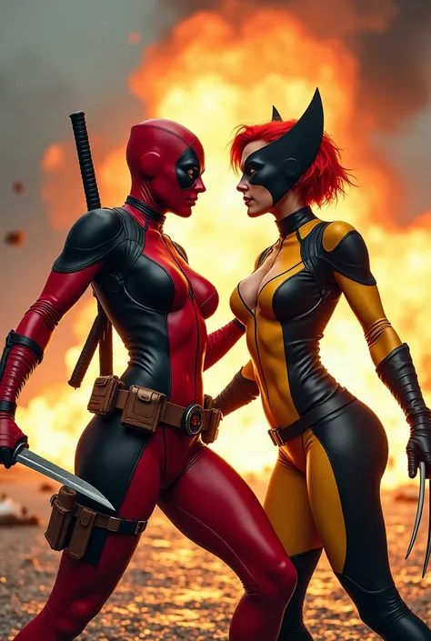 two girls, oda in deathpool costume with swords, the second one in a wolverine costume with claws, full length, Ukrainian appearance, 30 years, short red hair, deep neckline, against the backdrop of the Explosion, Face B in front